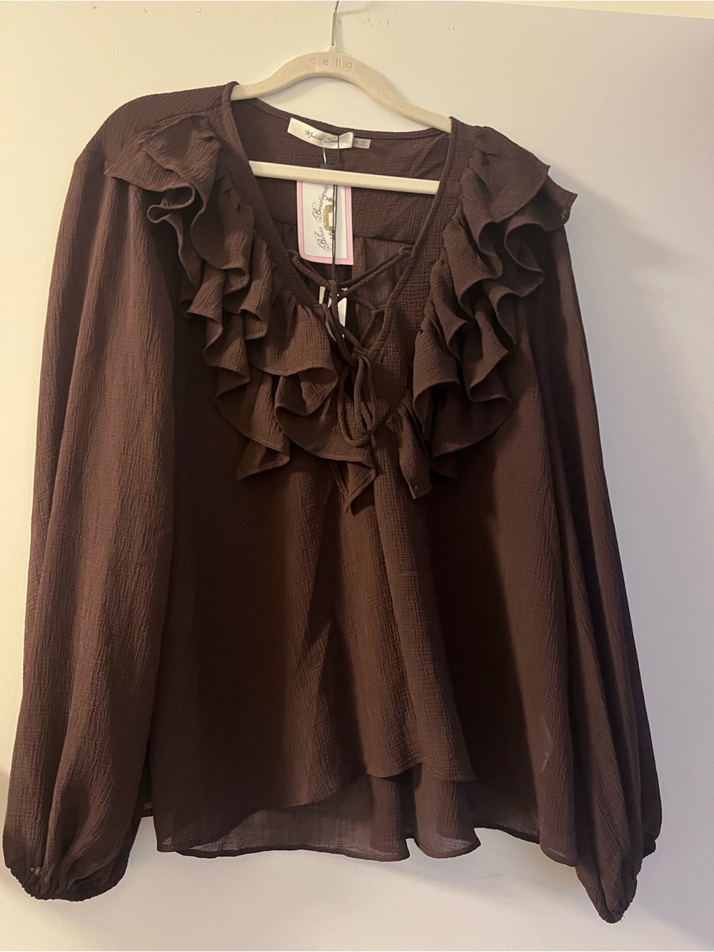 Mustard Seed Chocolate Brown Ruffle Tie-Neck Blouse